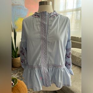 Mi Golondrina Mexico Pinstripe Embroidered Blouse - Light Blue Stripe - Size S/M
